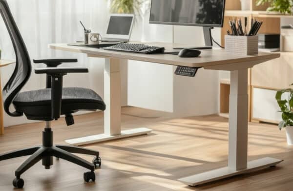 Nowoczesne biuro z ergonomicznym krzesłem i biurkiem regulowanym elektrycznie.