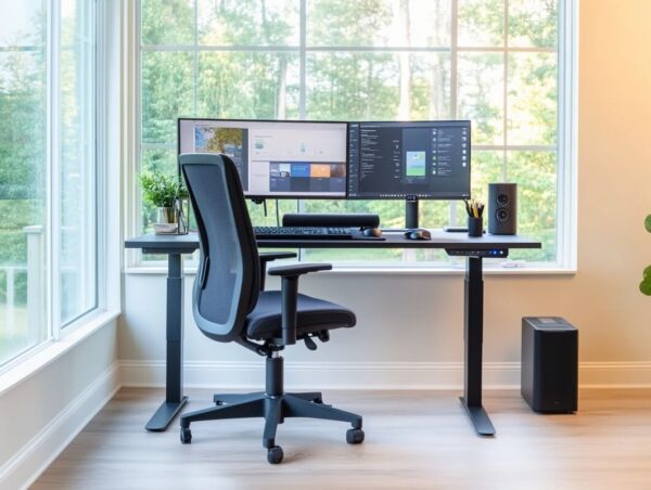 Nowoczesne biurko z regulacją wysokości z dużym monitorem i ergonomicznym krzesłem, stojące przy oknie.